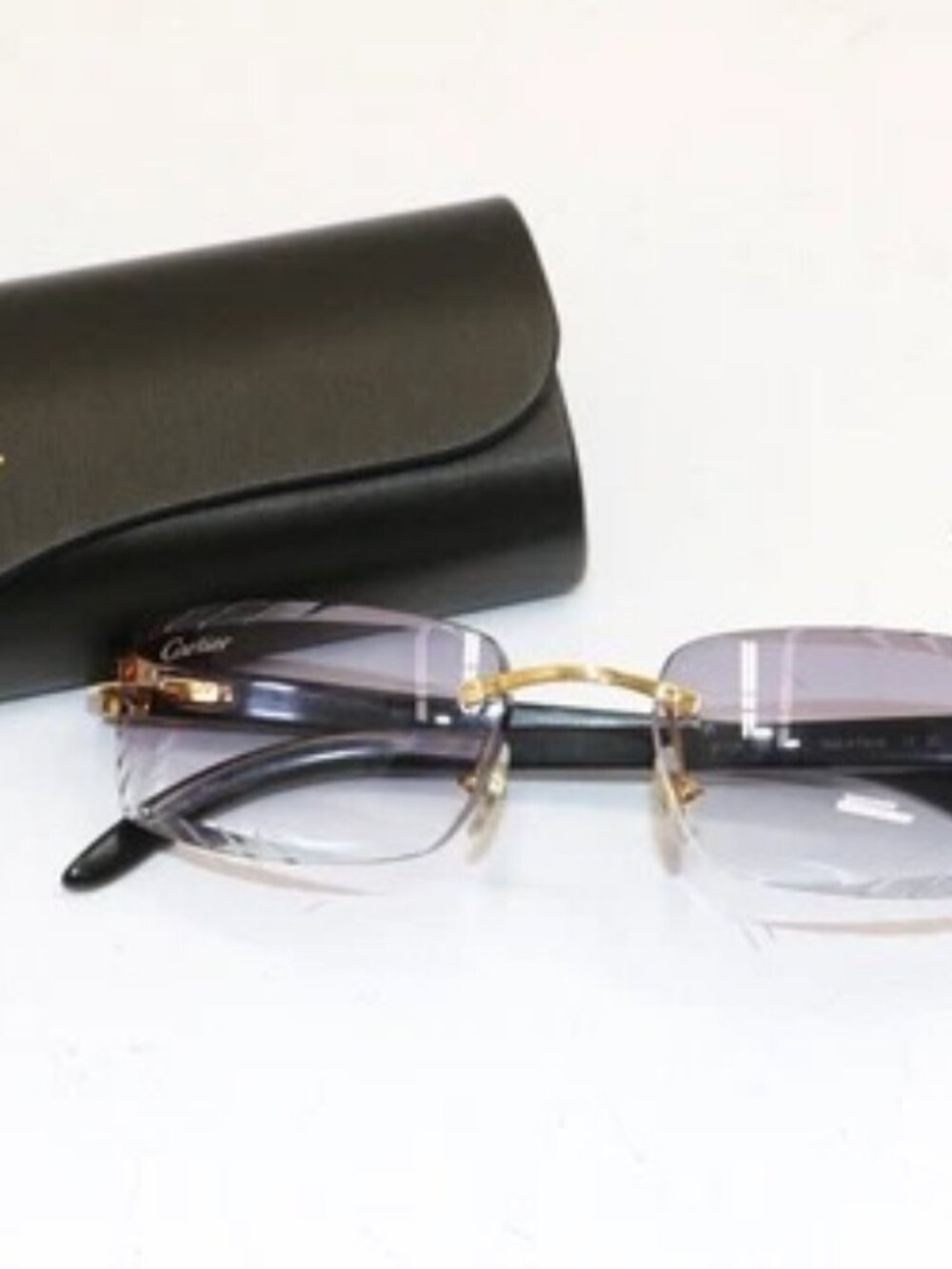 Cartier rimless black buff horn gold Diamond Cut transition sunglasses **read**